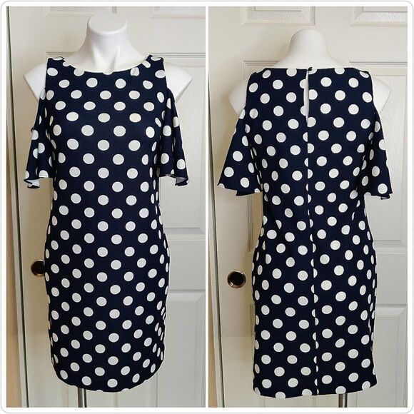 Eliza J Polka Dot Cold-Shoulder Stretch Dress sz 2 - Picture 3 of 10